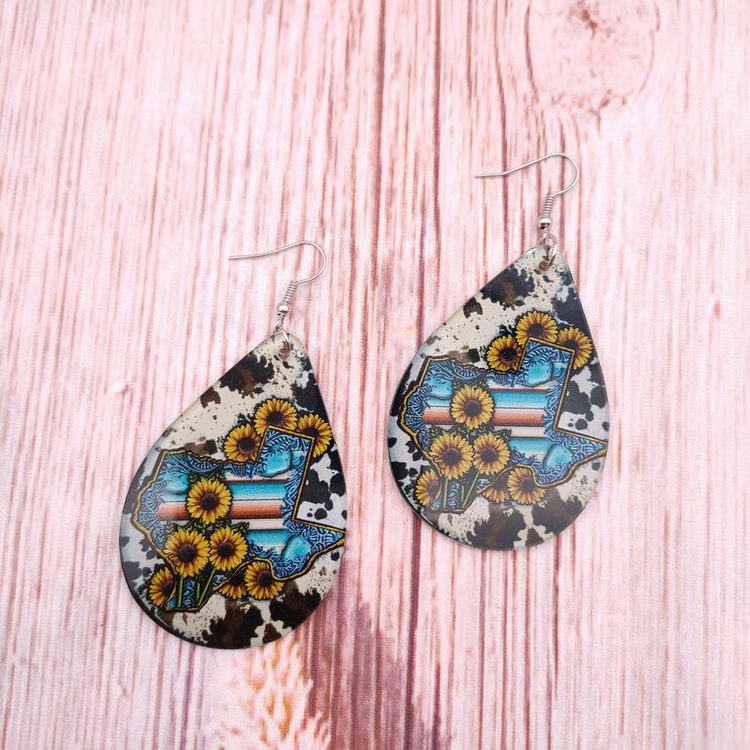 Wholesale Western Style Texas Map Cow Pattern Sunflower Water Drop Acrylic Earrings